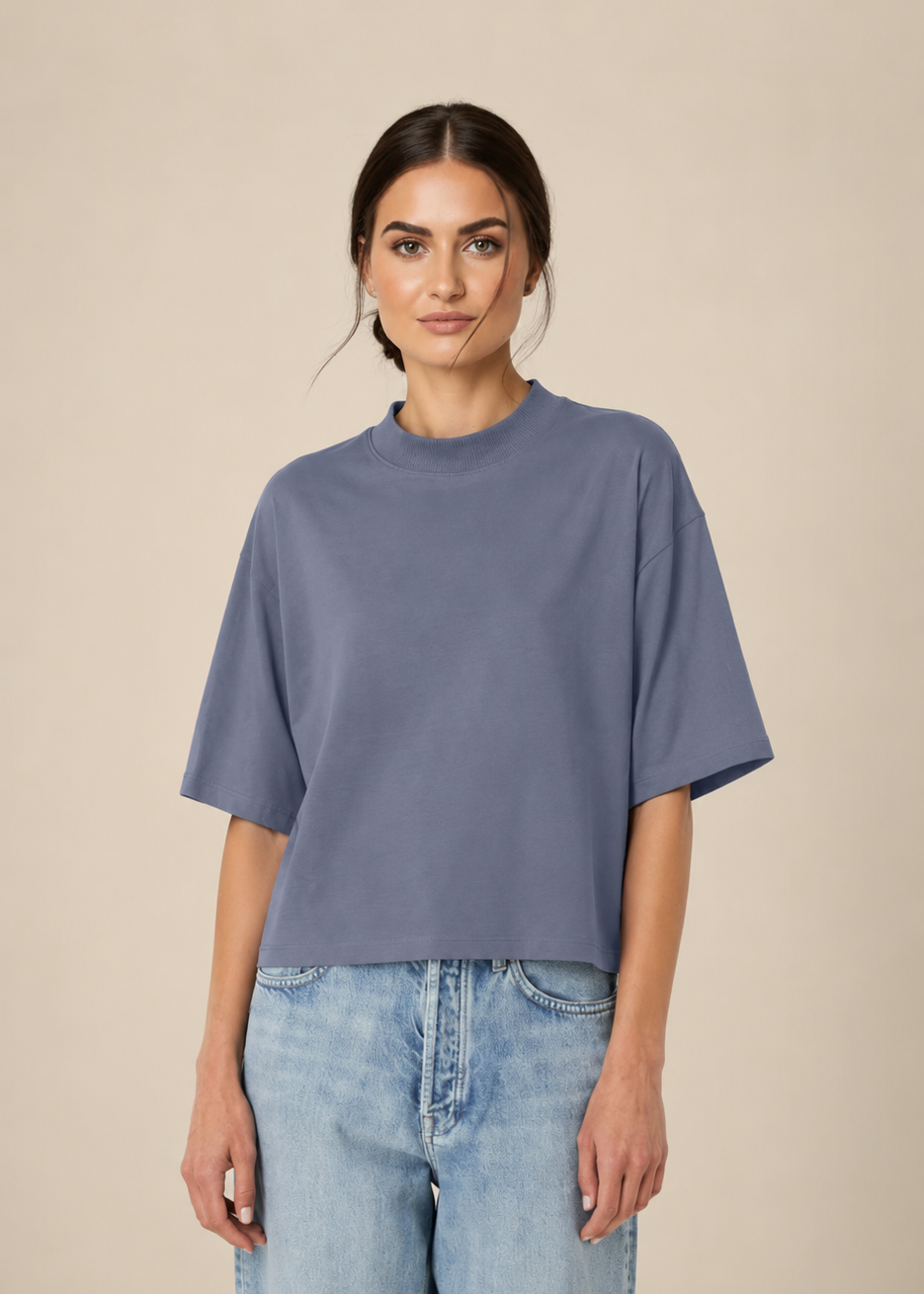OVERSIZED CROPPED BLUE GREY MARŠKINĖLIAI